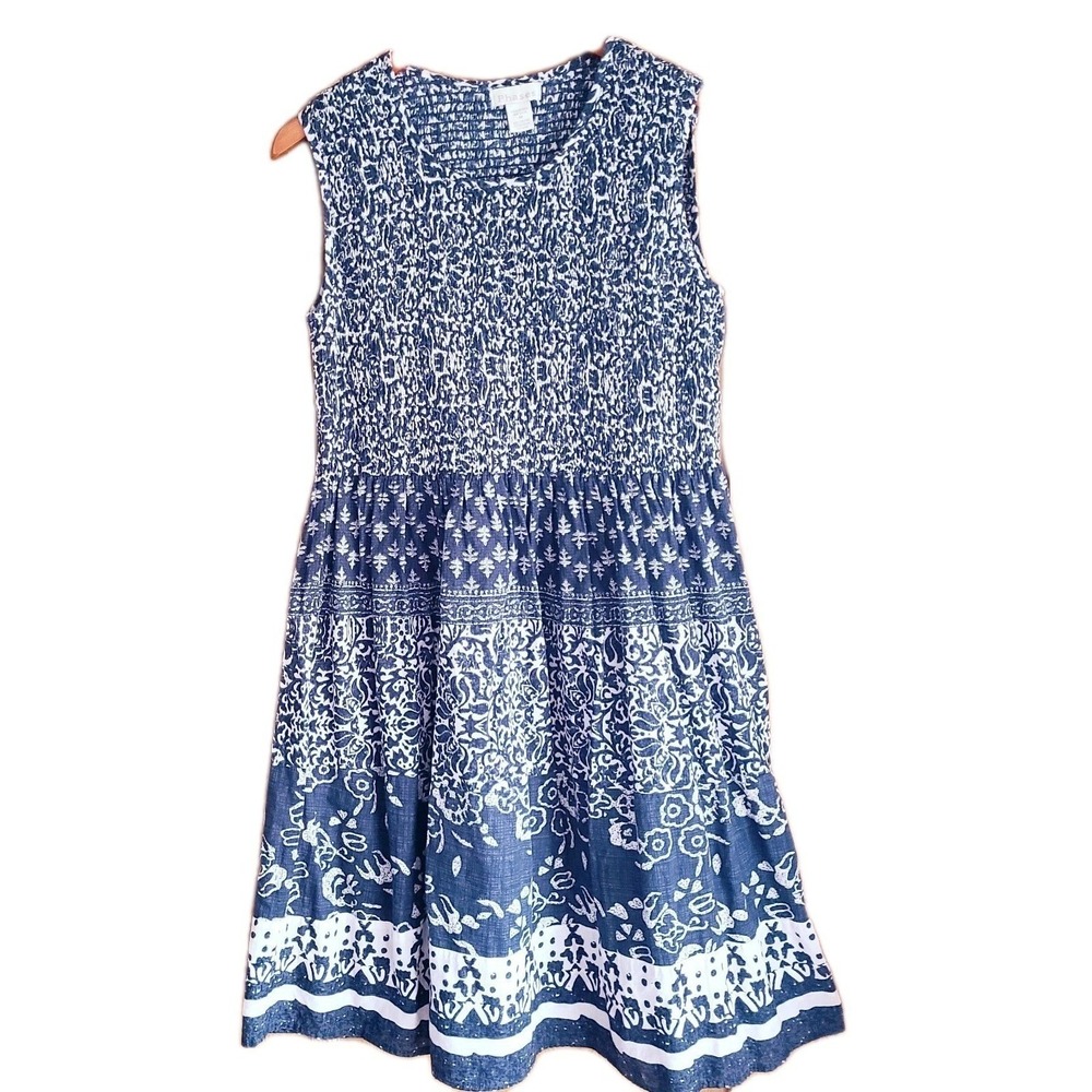 Phases Peasant Boho Dress Women's Medium Blue Smocked Floral Cotton Excellent M
